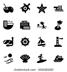 Solid vector icon set - coconut cocktail vector, sea turtle, starfish, pool, hotel, palm, diving, hand wheel, sail boat, lighthouse, waves, shell, surfing, cruiser