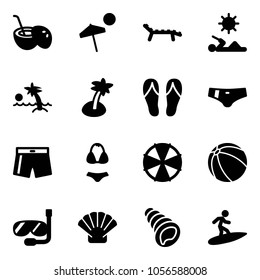 Solid vector icon set - coconut cocktail vector, beach, lounger, reading, palm, flip flops, swimsuit, parasol, ball, diving, shell, surfing