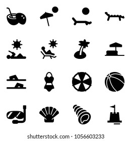 Solid vector icon set - coconut cocktail vector, beach, lounger, reading, palm, inflatable pool, flip flops, swimsuit, parasol, ball, diving, shell, sand castle