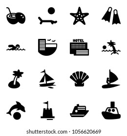 Solid vector icon set - coconut cocktail vector, lounger, starfish, flippers, swimming, hotel, sea, palm, sail boat, shell, windsurfing, dolphin, sand castle, cruiser, toy