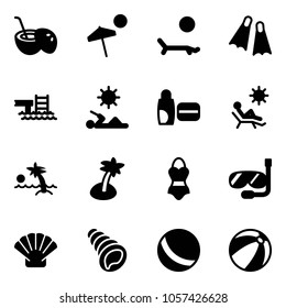 Solid vector icon set - coconut cocktail vector, beach, lounger, flippers, pool, reading, uv cream, palm, swimsuit, diving, shell, ball