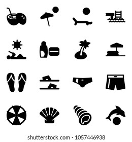 Solid vector icon set - coconut cocktail vector, beach, lounger, pool, reading, uv cream, palm, inflatable, flip flops, swimsuit, parasol, shell, dolphin