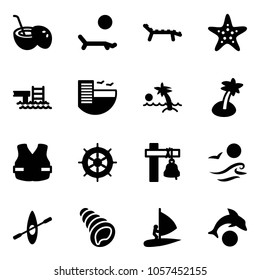 Solid vector icon set - coconut cocktail vector, lounger, starfish, pool, hotel, palm, life vest, hand wheel, ship bell, waves, kayak, shell, windsurfing, dolphin