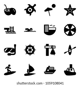 Solid vector icon set - coconut cocktail vector, sea turtle, beach, starfish, pool, swimming, hotel, parasol, diving, hand wheel, ship bell, kayak, surfing, windsurfing, cruiser, toy boat