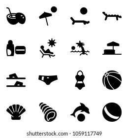 Solid vector icon set - coconut cocktail vector, beach, lounger, uv cream, palm, inflatable pool, flip flops, swimsuit, ball, shell, dolphin