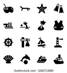 Solid vector icon set - coconut cocktail vector, lounger, starfish, flippers, pool, palm, life vest, hand wheel, ship bell, sail boat, lighthouse, shell, dolphin, cruiser, toy