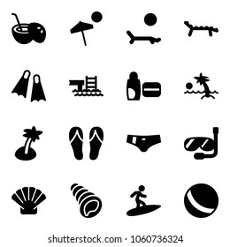 Solid vector icon set - coconut cocktail vector, beach, lounger, flippers, pool, uv cream, palm, flip flops, swimsuit, diving, shell, surfing, ball