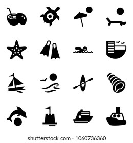 Solid vector icon set - coconut cocktail vector, sea turtle, beach, lounger, starfish, flippers, swimming, hotel, sail boat, waves, kayak, shell, dolphin, sand castle, cruiser, toy