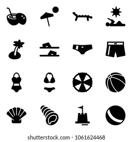 Solid vector icon set - coconut cocktail vector, beach, lounger, reading, palm, flip flops, swimsuit, parasol, ball, shell, sand castle