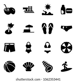 Solid vector icon set - coconut cocktail vector, pool, reading, uv cream, palm, inflatable, flip flops, swimsuit, parasol, ball, shell, surfing