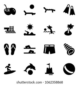 Solid vector icon set - coconut cocktail vector, lounger, flippers, pool, reading, palm, flip flops, swimsuit, shell, surfing, dolphin, sand castle, ball