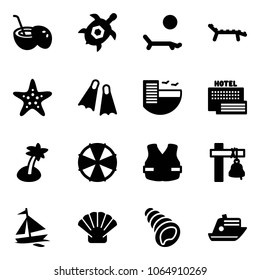 Solid vector icon set - coconut cocktail vector, sea turtle, lounger, starfish, flippers, hotel, palm, parasol, life vest, ship bell, sail boat, shell, cruiser
