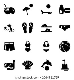 Solid vector icon set - coconut cocktail vector, beach, lounger, uv cream, palm, flip flops, swimsuit, ball, diving, shell, dolphin, sand castle