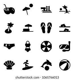 Solid vector icon set - coconut cocktail vector, beach, pool, palm, inflatable, flip flops, swimsuit, parasol, diving, shell, surfing, dolphin, ball