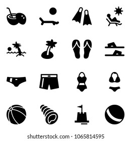 Solid vector icon set - coconut cocktail vector, lounger, flippers, beach, palm, flip flops, swimsuit, ball, shell, sand castle