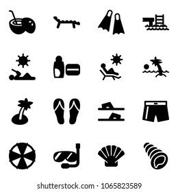 Solid vector icon set - coconut cocktail vector, lounger, flippers, pool, reading, uv cream, beach, palm, flip flops, swimsuit, parasol, diving, shell