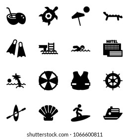 Solid vector icon set - coconut cocktail vector, sea turtle, beach, lounger, flippers, pool, swimming, hotel, palm, parasol, life vest, hand wheel, kayak, shell, surfing, cruiser