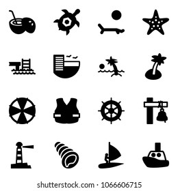 Solid vector icon set - coconut cocktail vector, sea turtle, lounger, starfish, pool, hotel, palm, parasol, life vest, hand wheel, ship bell, lighthouse, shell, windsurfing, toy boat