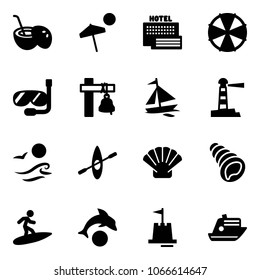 Solid vector icon set - coconut cocktail vector, beach, sea hotel, parasol, diving, ship bell, sail boat, lighthouse, waves, kayak, shell, surfing, dolphin, sand castle, cruiser