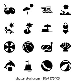 Solid vector icon set - coconut cocktail vector, beach, pool, reading, palm, inflatable, swimsuit, parasol, ball, diving, shell, dolphin, sand castle