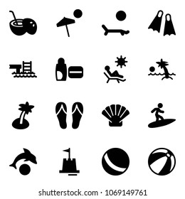 Solid vector icon set - coconut cocktail vector, beach, lounger, flippers, pool, uv cream, palm, flip flops, shell, surfing, dolphin, sand castle, ball