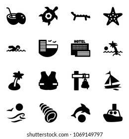 Solid vector icon set - coconut cocktail vector, sea turtle, lounger, starfish, swimming, hotel, palm, life vest, ship bell, sail boat, waves, shell, dolphin, toy
