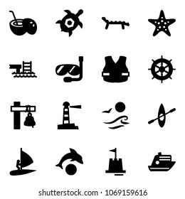 Solid vector icon set - coconut cocktail vector, sea turtle, lounger, starfish, pool, diving, life vest, hand wheel, ship bell, lighthouse, waves, kayak, windsurfing, dolphin, sand castle, cruiser