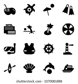 Solid vector icon set - coconut cocktail vector, sea turtle, beach, flippers, hotel, palm, parasol, diving, life vest, hand wheel, lighthouse, kayak, shell, dolphin, cruiser