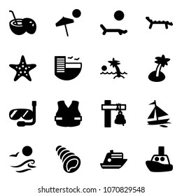 Solid vector icon set - coconut cocktail vector, beach, lounger, starfish, hotel, palm, diving, life vest, ship bell, sail boat, waves, shell, cruiser, toy