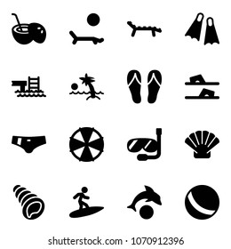 Solid vector icon set - coconut cocktail vector, lounger, flippers, pool, palm, flip flops, swimsuit, parasol, diving, shell, surfing, dolphin, ball