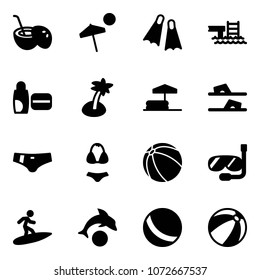 Solid vector icon set - coconut cocktail vector, beach, flippers, pool, uv cream, palm, inflatable, flip flops, swimsuit, ball, diving, surfing, dolphin