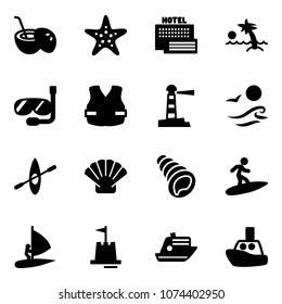 Solid vector icon set - coconut cocktail vector, starfish, sea hotel, palm, diving, life vest, lighthouse, waves, kayak, shell, surfing, windsurfing, sand castle, cruiser, toy boat