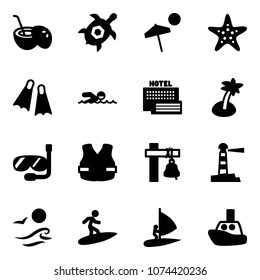 Solid vector icon set - coconut cocktail vector, sea turtle, beach, starfish, flippers, swimming, hotel, palm, diving, life vest, ship bell, lighthouse, waves, surfing, windsurfing, toy boat
