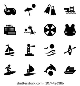 Solid vector icon set - coconut cocktail vector, beach, flippers, pool, sea hotel, palm, parasol, life vest, sail boat, lighthouse, waves, kayak, surfing, windsurfing, dolphin, cruiser