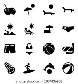 Solid vector icon set - coconut cocktail vector, beach, lounger, reading, inflatable pool, swimsuit, ball, diving, shell, surfing, dolphin