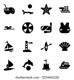 Solid vector icon set - coconut cocktail vector, lounger, starfish, pool, swimming, parasol, diving, life vest, sail boat, lighthouse, kayak, shell, windsurfing, dolphin, sand castle, cruiser
