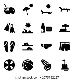 Solid vector icon set - coconut cocktail vector, beach, lounger, flippers, reading, uv cream, inflatable pool, flip flops, swimsuit, parasol, ball, shell, sand castle