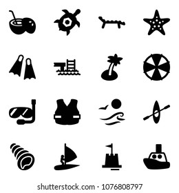 Solid vector icon set - coconut cocktail vector, sea turtle, lounger, starfish, flippers, pool, palm, parasol, diving, life vest, waves, kayak, shell, windsurfing, sand castle, toy boat
