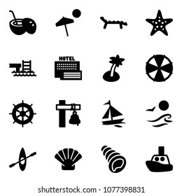 Solid vector icon set - coconut cocktail vector, beach, lounger, starfish, pool, sea hotel, palm, parasol, hand wheel, ship bell, sail boat, waves, kayak, shell, toy