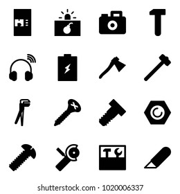 Solid vector icon set - coffee machine vector, terrorism, camera, work, wireless headphones, battery, axe, sledgehammer, plumber, screw, bolt, nut, Angular grinder, tool box, knife