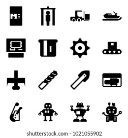 Solid vector icon set - coffee machine vector, metal detector gate, fork loader, snowmobile, atm, gear, conveyor, milling cutter, drill, tile, generator, winch, robot