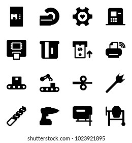 Solid vector icon set - coffee machine vector, mri, heart gear, atm, printer wireless, conveyor, steel rolling, wood drill, jig saw, cocncrete mixer
