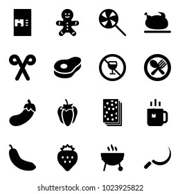 Solid vector icon set - coffee machine vector, cake man, lollipop, turkey, santa stick, meat, no alcohol sign, fork spoon plate, eggplant, sweet pepper, breads, green tea, banana, strawberry, grill