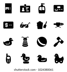 Solid vector icon set - coffee machine vector, identity, liquid soap, credit card, sunglasses, bucket scoop, pipe welding, duck toy, pyramid, ball, hammer, phone
