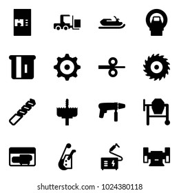 Solid vector icon set - coffee machine vector, fork loader, snowmobile, mri, atm, gear, steel rolling, saw disk, drill, crown, cocncrete mixer, generator, winch, welding, sharpening