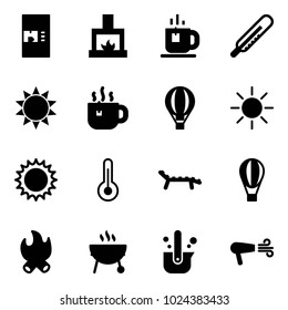 Solid vector icon set - coffee machine vector, fireplace, tea, thermometer, sun, hot, air balloon, lounger, fire, grill, casting of steel, dryer