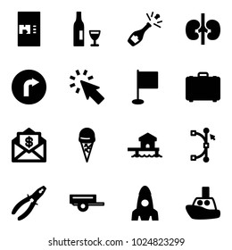Solid vector icon set - coffee machine vector, wine, champagne, kidneys, only right road sign, cursor, flag, case, mail dollar, ice cream, bungalow, bezier, pliers, trailer, rocket, toy boat