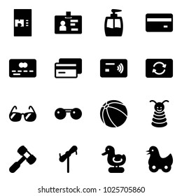 Solid vector icon set - coffee machine vector, identity, liquid soap, credit card, tap pay, exchange, sunglasses, ball, pyramid toy, hammer, windmill, duck