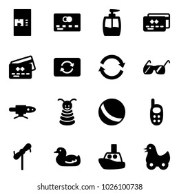 Solid vector icon set - coffee machine vector, credit card, liquid soap, exchange, refresh, sunglasses, pipe welding, pyramid toy, ball, phone, windmill, duck, boat