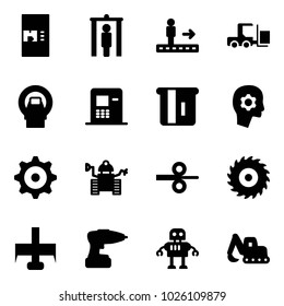 Solid vector icon set - coffee machine vector, metal detector gate, travolator, fork loader, mri, atm, brain work, gear, robot, steel rolling, saw disk, milling cutter, drill, excavator toy